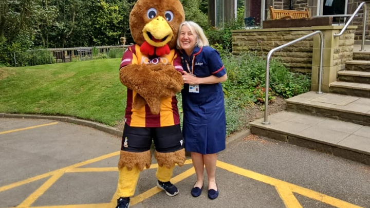 Belinda Marks with the Bradford City mascot Billy Bantam 