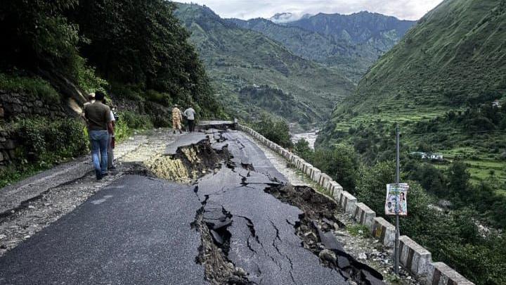 A damaged road located some 50km from Dharali seen badly damaged after heavy rain and flash floods.