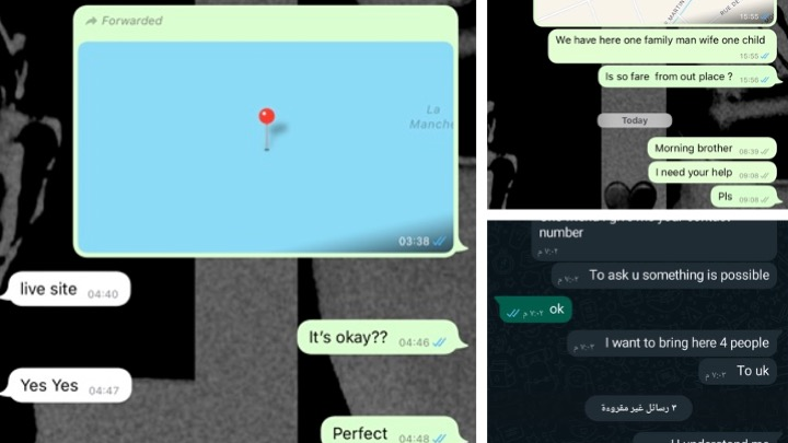 Screenshots of WhatsApp messages including conversations about where smugglers were supposed to pick up people in the Channel