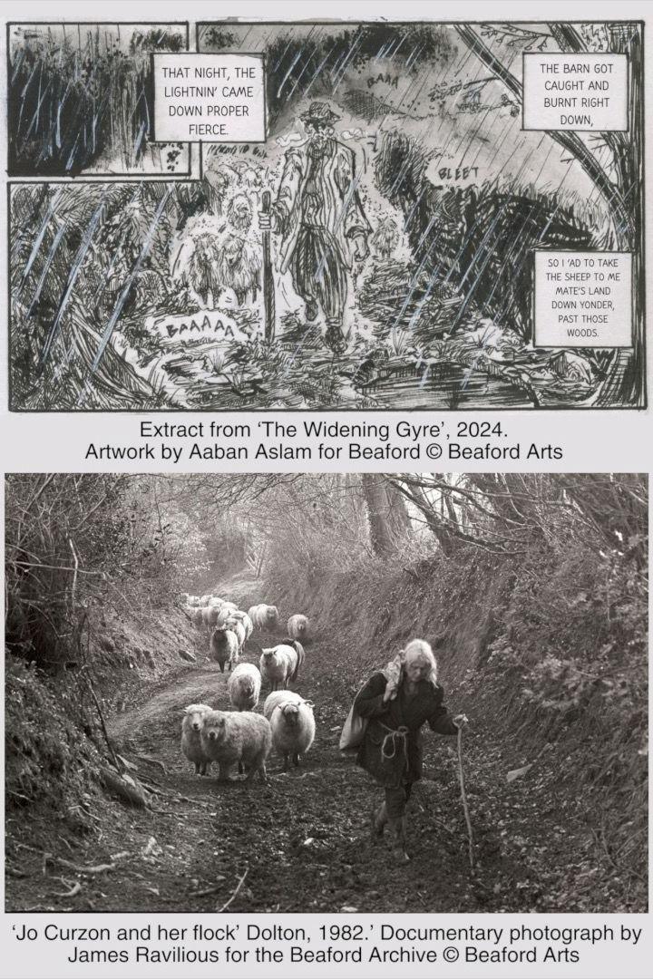 The picture shows two images size-by-side a photo of a woman with her flock of sheep by James Ravilious next to Aaban's sketch for his book which is influenced by the photo.