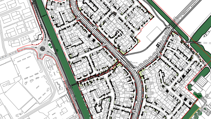 An artist's impression of the 400 new homes in Newmarket. It shows a digital map of the proposed area with all the new homes drawn including the roads.