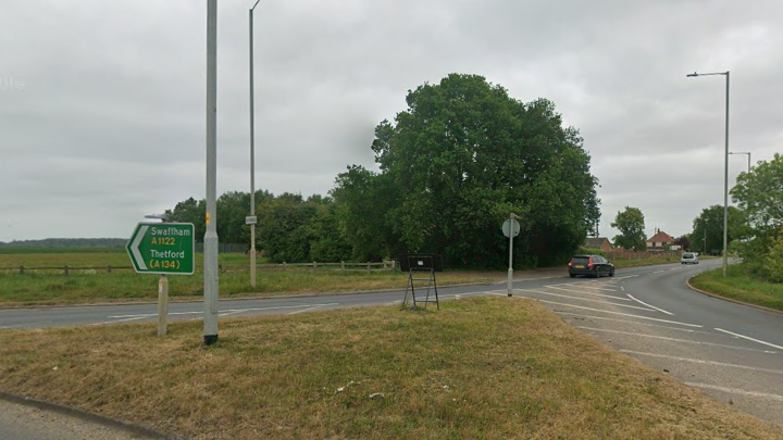 A roundabout leading onto the A1122 Downham Road in Crimplesham, Norfolk. 