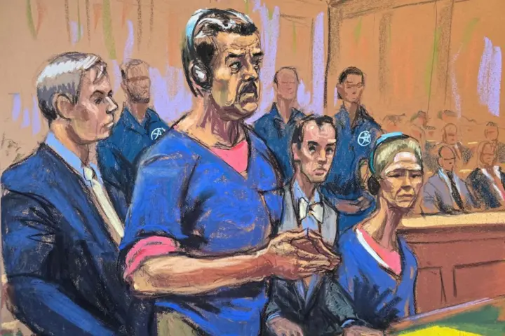 A court sketch of Nicolas Maduro and his wide in court in New York in January