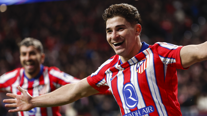 Julian Alvarez celebrates scoring for Atletico Madrid against Bayer Leverkusen 
