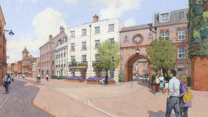 An artists impression of a Newbury street scene. It is a summers day and there are trees in the pedestrianised area. People are stolling wearing short-sleeve tops and wearing sunglasses.