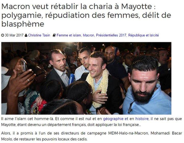 Screenshot of French website accusing Macron of wanting to establish Sharia in Mayotte