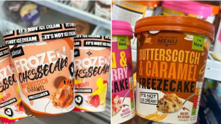 Pleese branded Freezecakes (left) alongside Aldi's Freezecake product. Pleese is in a light orange tub. Aldi's is in a dark brown tub. 