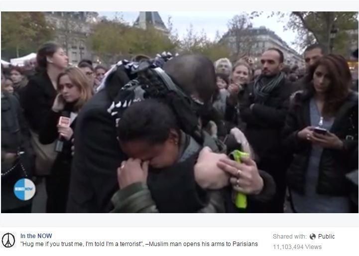 Screenshot of video posted by In the Now programme of a "blindfolded Muslim man" asking for hugs in Paris