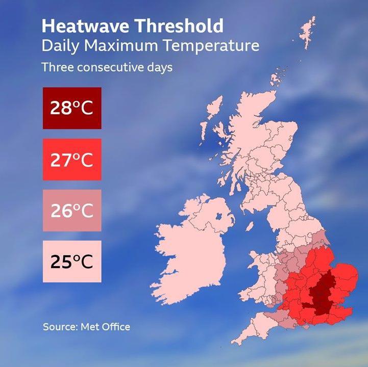 Map of the UK with counties and districts colour-coded, to show the threshold temperature needed over three consecutive days, to meet the definition of a heatwave.