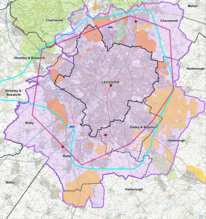 A map of Leicester and its surrounding area shaded in different colours