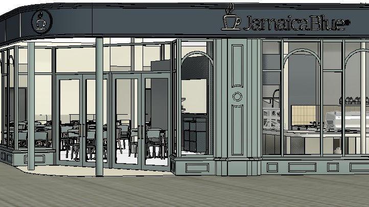An artist's impression of what the Jamaica Blue cafe could look like from the outside. It shows the brand's name above the windows. Inside tables and chairs can be seen as well as a counter.