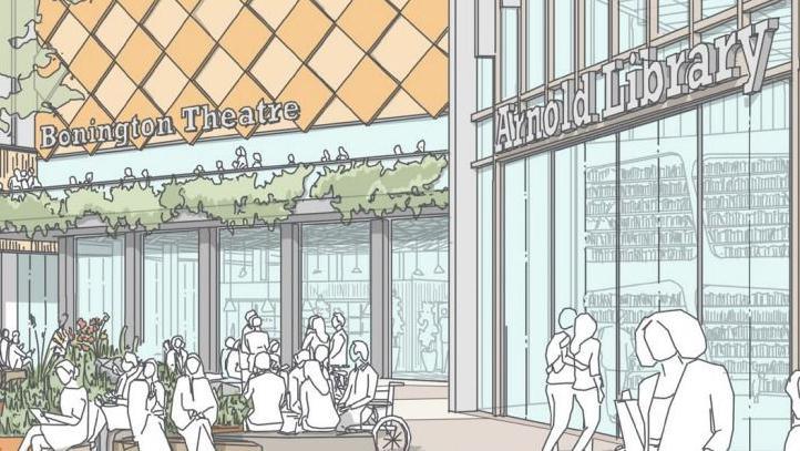 A CGI drawing of two new shop fronts which include the theatre and library