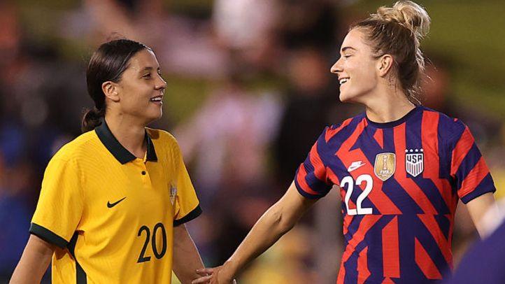 Kristie Mewis and Sam Kerr following a match between the USA and Australia in 2021