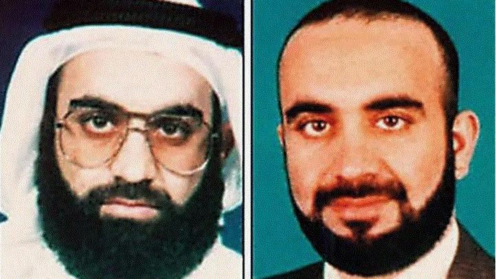 Split headshot photo of Khalid Sheikh Mohammed. In one on the right, he is wearing a suit and the left one shows him in a white shirt with his head covered and wearing glasses