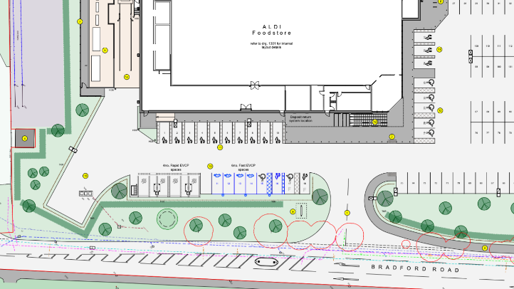 Concept art of the Aldi store showing car spaces, trees and a road which states 'Bradford Road'