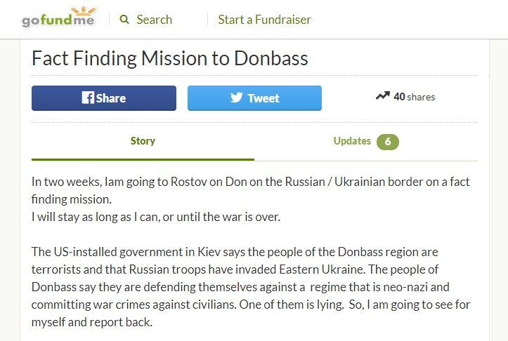 A screenshot from Russell Bentley's crowdfunding campaign to fund a fact finding mission to Donbass