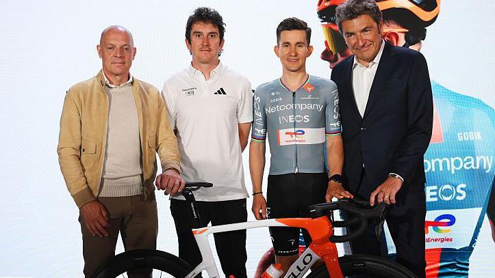 Sir Dave Brailsford, Geraint Thomas, Michal Kwiatkowski and Netcompany CEO Andre Rogaczewski at the launch on Tuesday