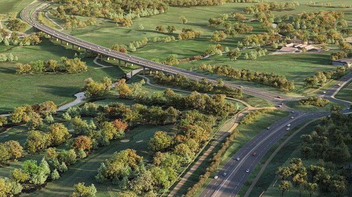 Digitally-generated images of the link road, showing a dual carriageway passing through countryside with fields and trees. Part of the road, a stretch called the Wensum viaduct, is going over a river.