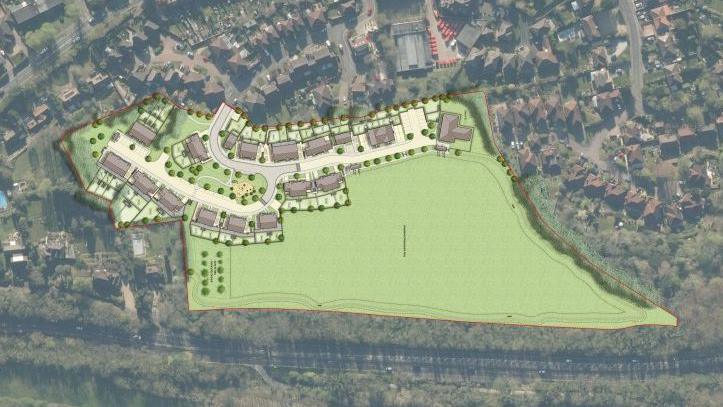 Illustrative bird's eye view of the proposed 42 new homes on Longsdon Way, Caterham. An open green space lies to the southeast of the illustrated properties. The homes are connected by a concrete road and lined with trees.