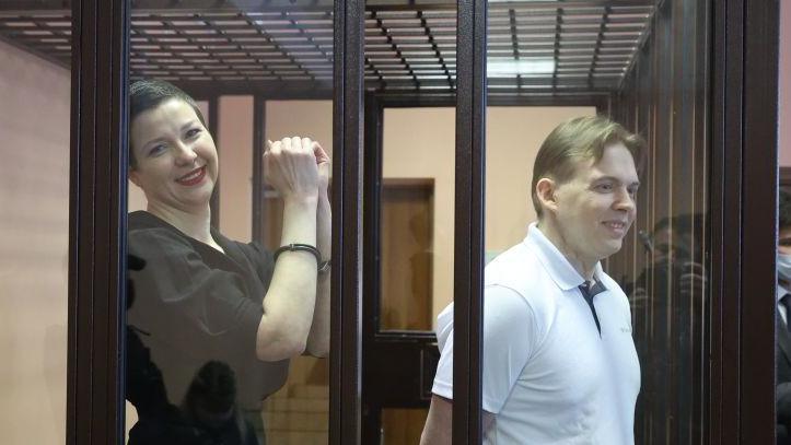 Belarusian opposition activists Maxim Znak (R) and Maria Kolesnikova (L), who are members of the Presidium of the oppositions Coordination Council, appear for a sentencing hearing at the Minsk Region Court in Minsk, Belarus on September 06, 2021