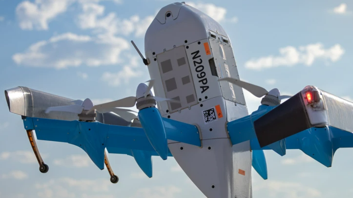 An Amazon delivery drone in the air