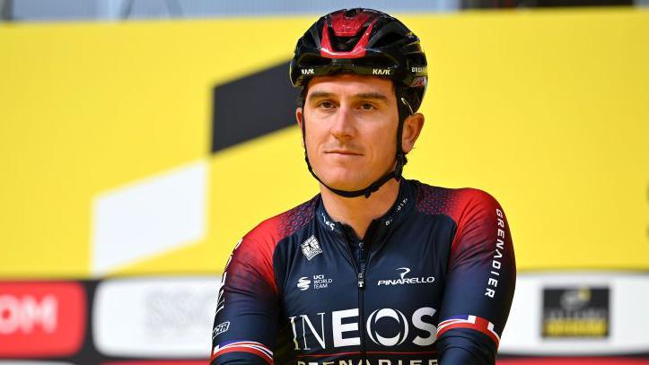 Geraint Thomas in helmet and Ineos Grenadiers cycling kit