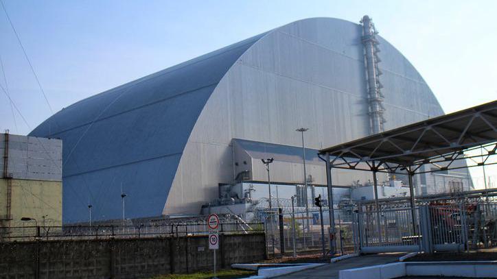 View of the New Safe Confinement of the Chernobyl reactor, near Pripyat, Ukraine.
