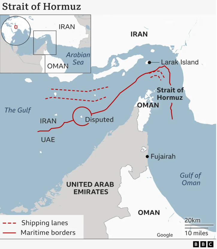 A map showing the location of the Strait of Hormuz as well as shipping lanes and maritime borders.