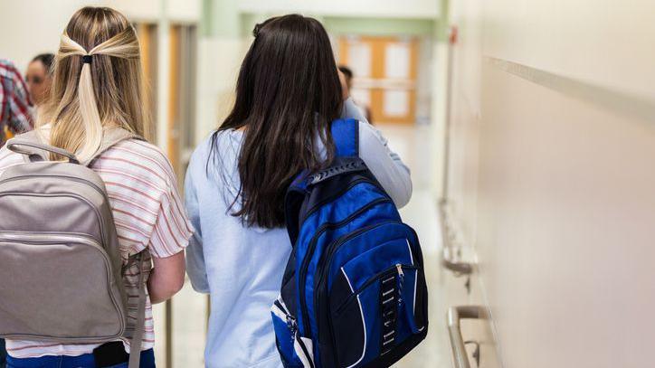 Backs of two teenage girls as they walk down school corridor wearing backpacks. 