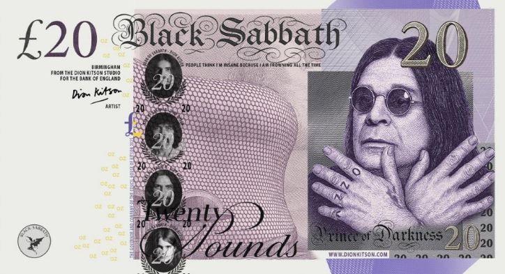 The back of an artist-created £20 note showing Ozzy on the right side with his hands cupping his face, while wearing his trademark round sunglasses. In the middle of the note Birmingham's iconic Selfridges exterior can be seen, with small shots of all four members of Black Sabbath stacked vertically over the top.