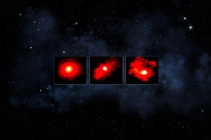 The JWST image of the three Red Monsters against a starry space background  