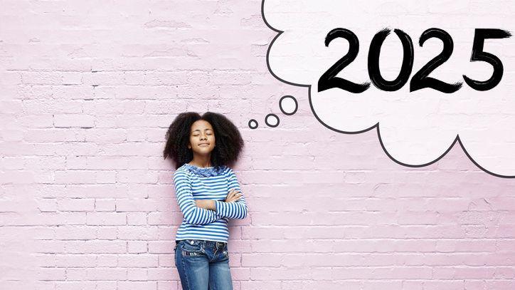 Girl with her eyes closed with '2025' written in a thought bubble above her head.