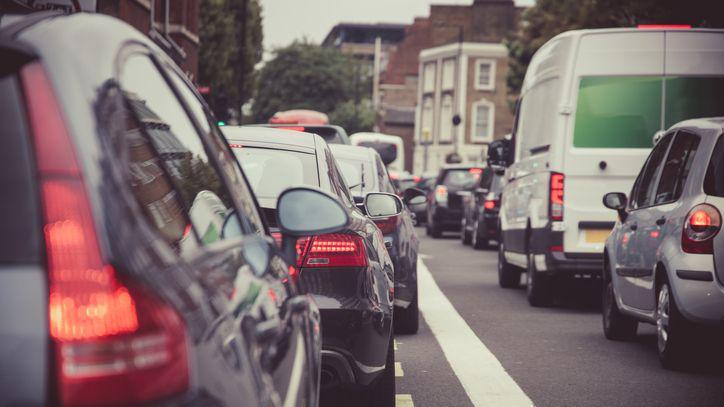Cars in traffic in London.
