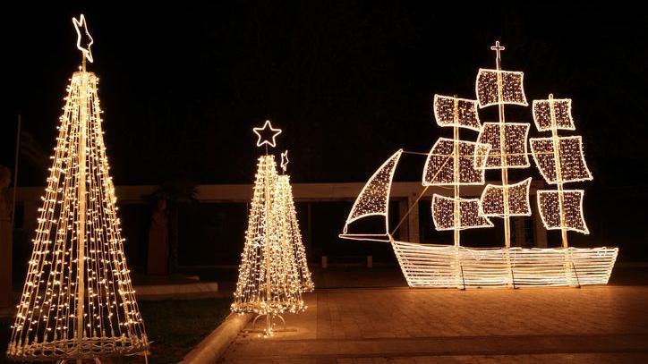 Decorated Christmas ship and trees at night.