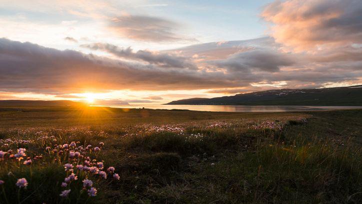 Midnight sun in Saeberg, Iceland.