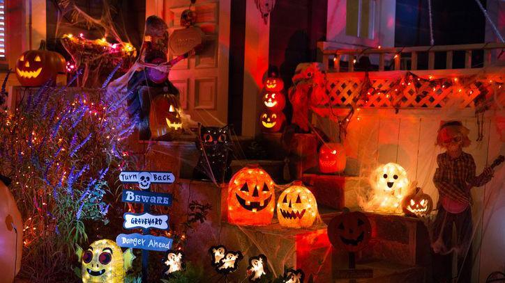 Halloween decorations outside a house.