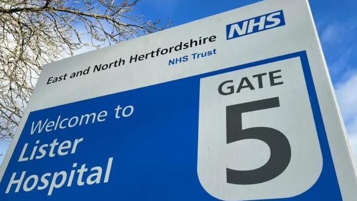 A close-up photo of a blue and white sign saying: Welcome to Lister Hospital - Gate 5