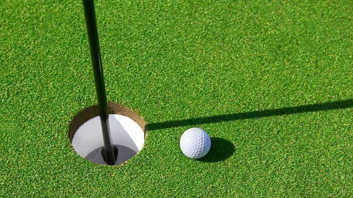 A white golf ball sits on a green golf course.