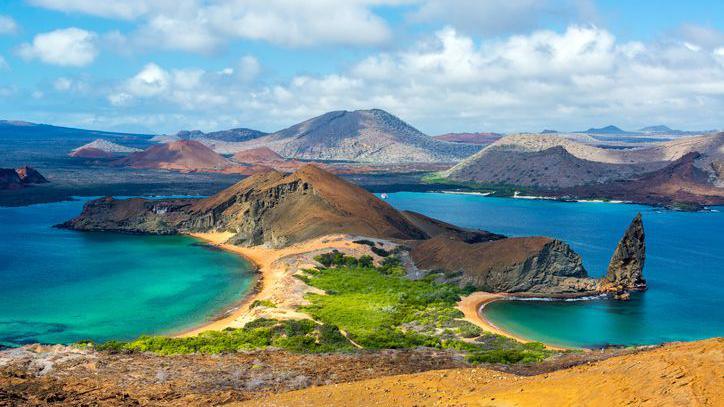 View of two beaches on Bartolome Island in the Galapagos Islands in Ecuador.