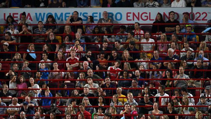 Safe standing railings are seen during the UEFA Women's Euro England 2022 Quarter Final match between Germany and Austria at Brentford Community Stadium