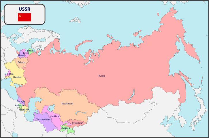 Map showing the 15 countries that together made up the USSR, also known as the Soviet Union.