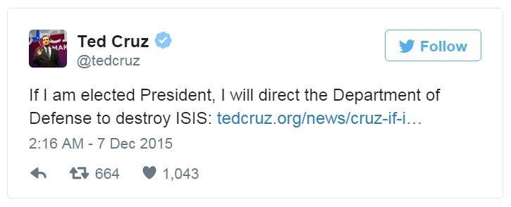 Tweet: If I am elected President, I will direct the Department of Defense to destroy ISIS