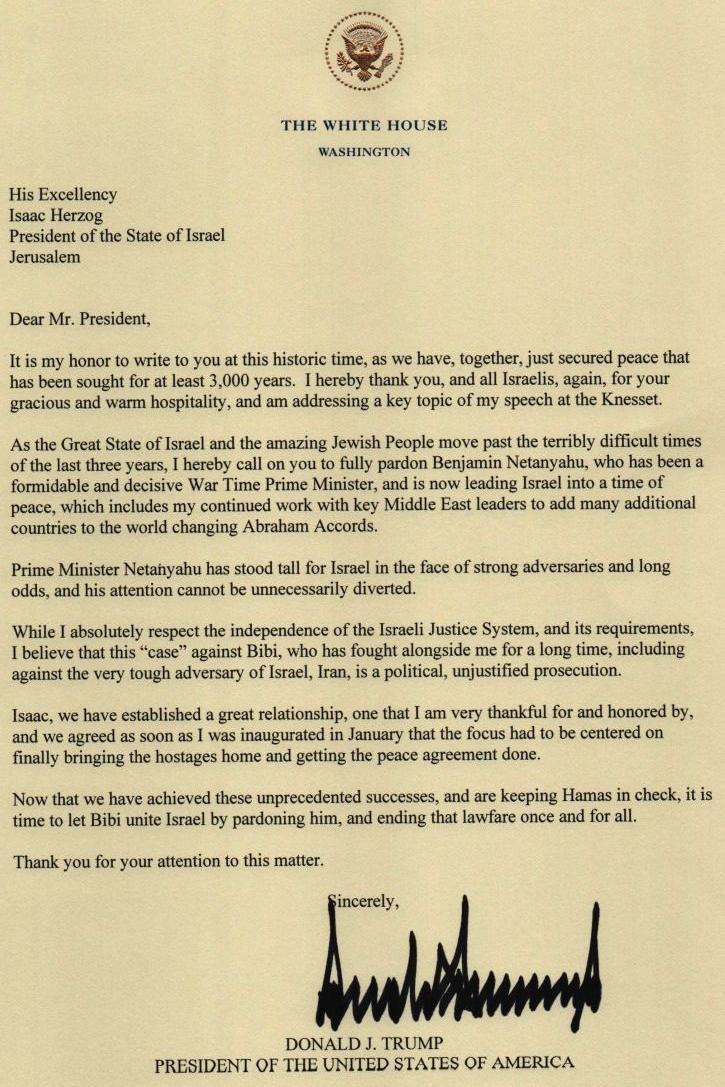 Letter from US President Donald Trump to Israel's President Isaac Herzog
