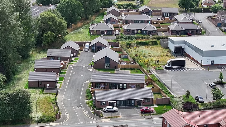 Drone shot of several bungalows on a street