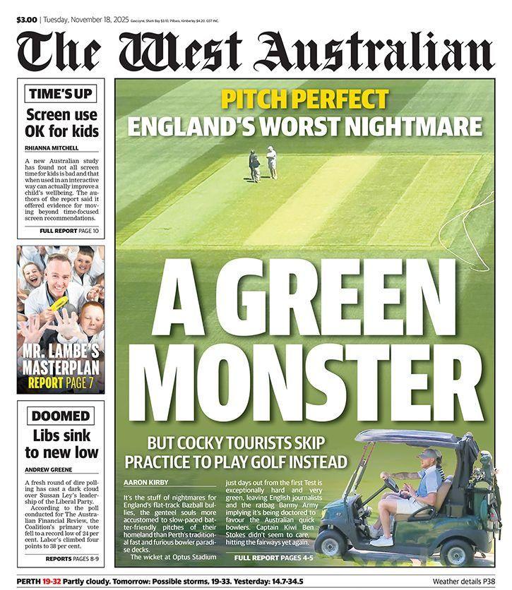The West Australian newspaper back page about England cricketers playing golf instead of practice in Perth