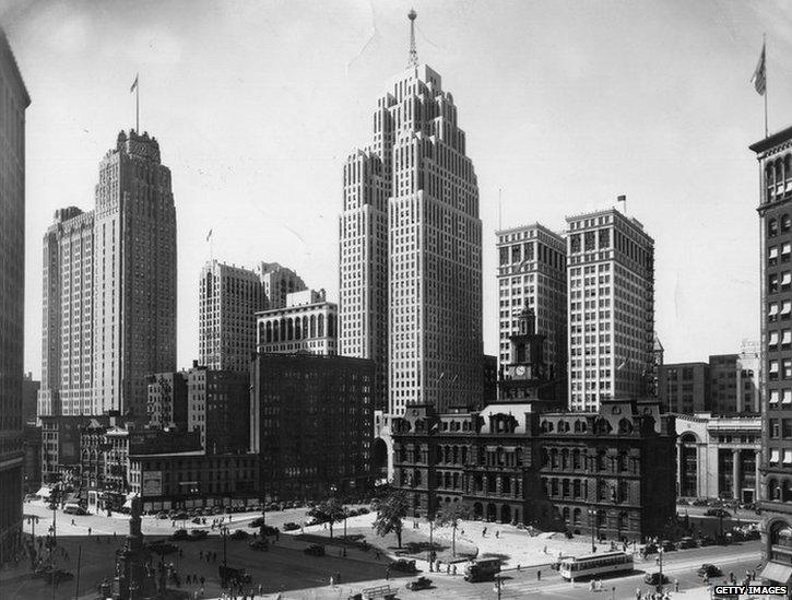 A view of Detroit with the City Hall in the foreground. Taken circa 1935