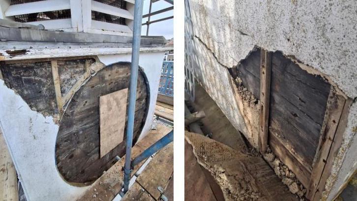 Missing and broken existing sand and cement render showing the clock dial recess in poor repair.