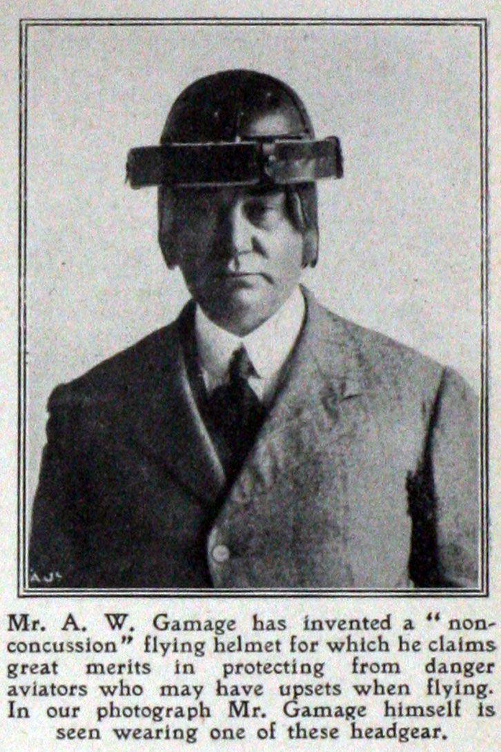 Albert Gamage modelling his "non-concussion" helmet, which looks like a clumsy bowler hat made of metal.