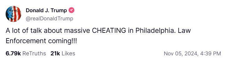 Trump post on Truth Social claiming there is "massive cheating" 