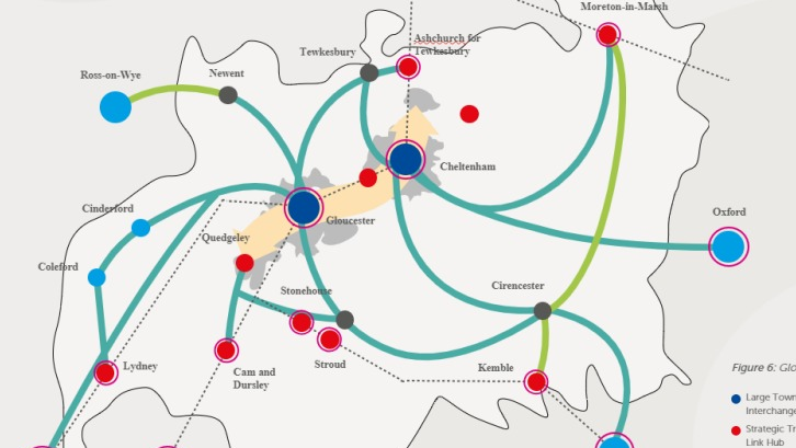 A map highlighting the Mass Rapid Transport scheme between Quedegely and Bishops Cleeve with a large wide cream coloured arrow but also it shows, in other colours, the planned improved bus routes.